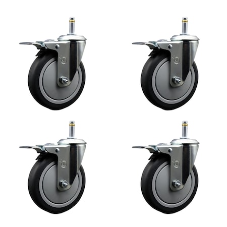 Service Caster 5'' Thermo Rubber Swivel 7/16'' Stem Caster Set with Total Lock Brake, 4PK SCC-GRTTL20S514-TPRB-716138-4